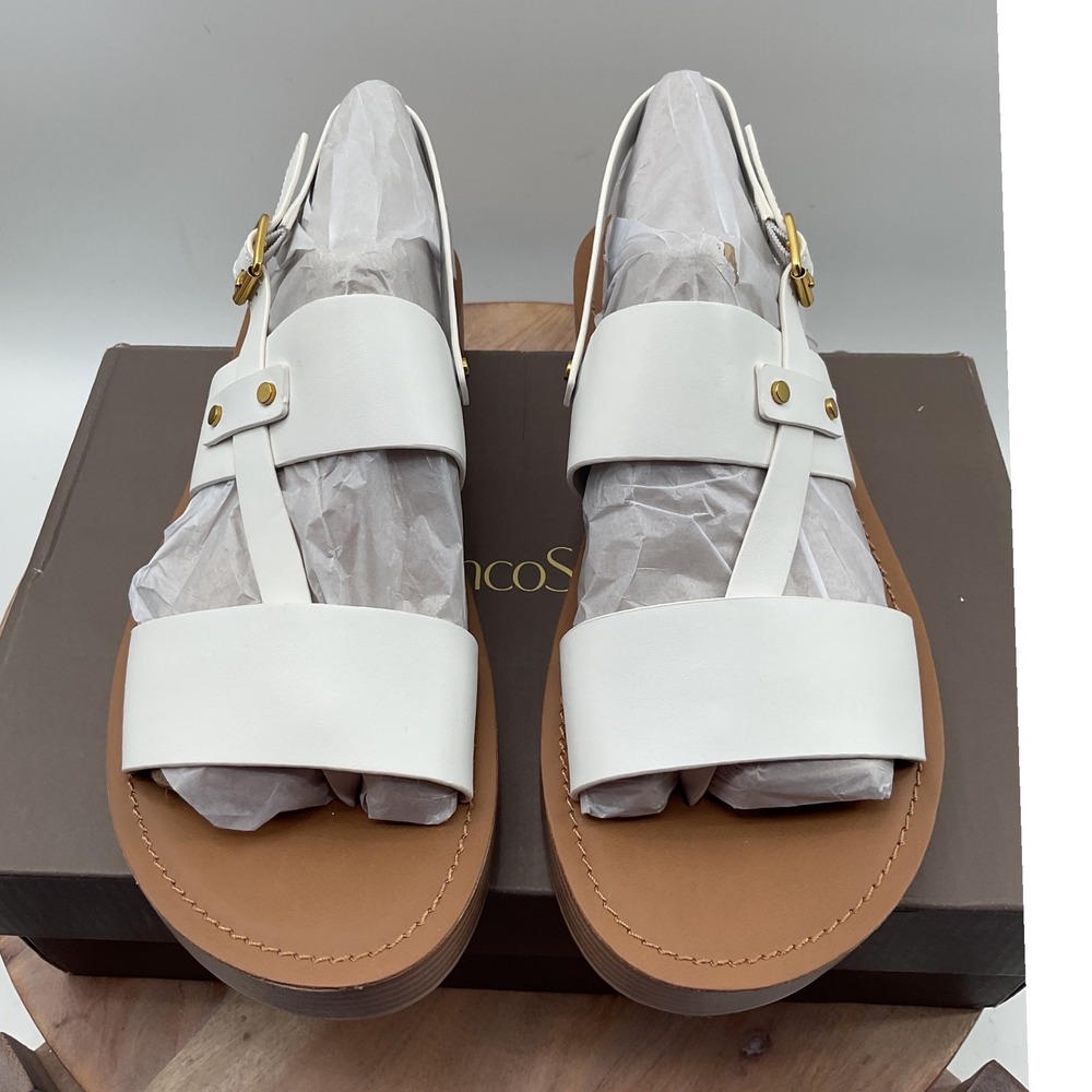 Franco Sarto Womens White Leather Flatform Strappy Slingback Sandals Gold Studs